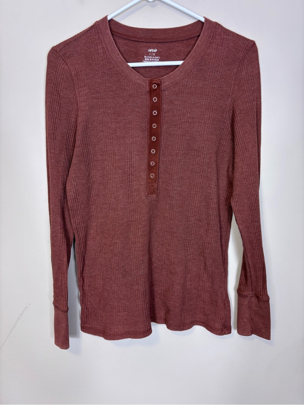 aerie Waffle Knit Rustic Red Henley Long Sleeve Top Large